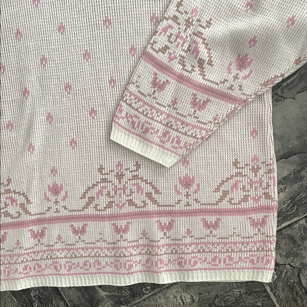 Vintage HELEN HARPER 🇨🇦 Pink White Patterned Sweater Cottagecore Coastal Grandma - Picture 4 of 9